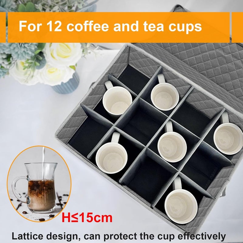 VERONLY Coffee Mug Storage Box with Dividers, China Storage Containers Hard Shell ,Glassware Storage Containers with Zipper Lid and Handles, Stackable for 12 Mugs, Tea Cups, Moving & Packing (Light Grey) - Image 5